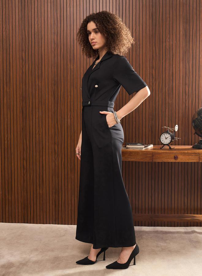 SASSAFRAS Women Black Straight Leg Buttoned Jumpsuit - Image 2